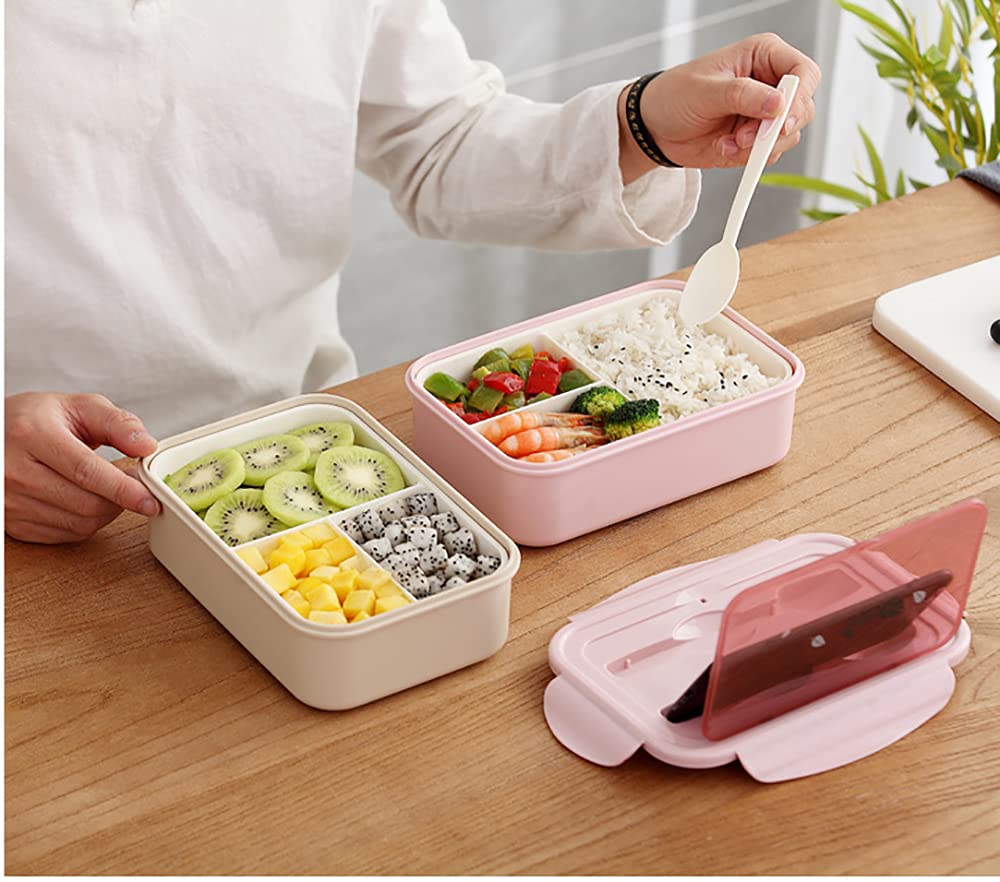 2 Scatole Bento Semplici, Scatole Bento Riutilizzabili, 3 Scomparti con Posate, Riscaldamento a Microonde, Adatto per Viaggi in Famiglia/Lavoro a Scuola