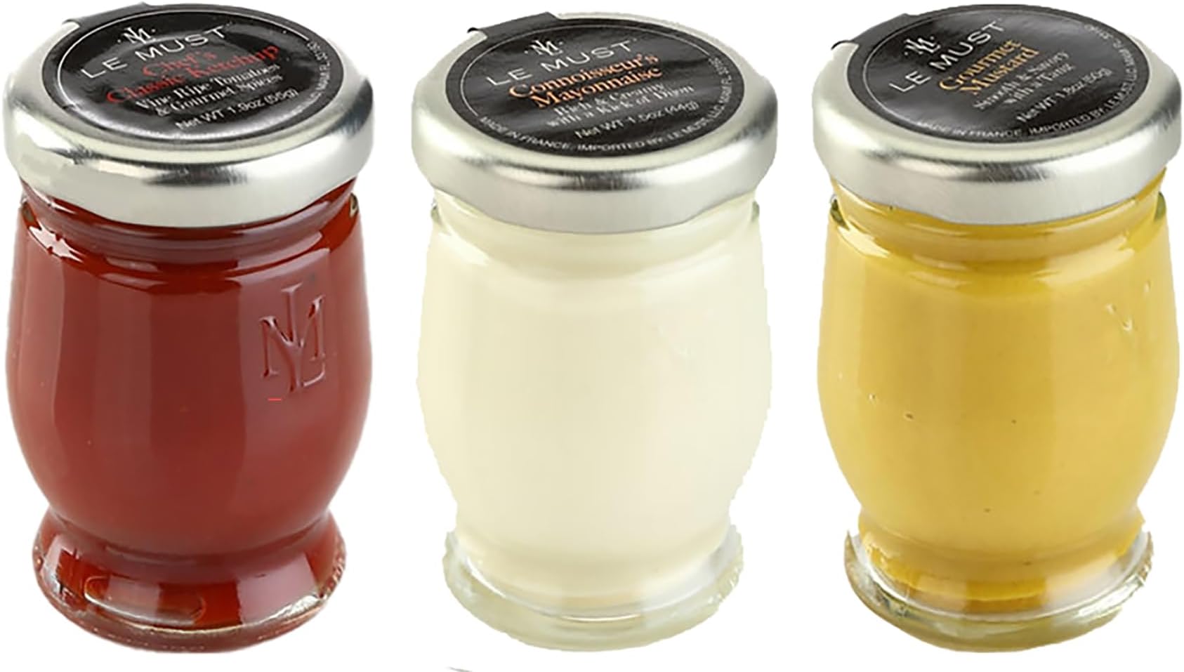Le Must Premium Glass Condiment Assortment Mini Jars (Le Must Ketchup, Yellow Mustard, Mayonnaise) Pack of 3