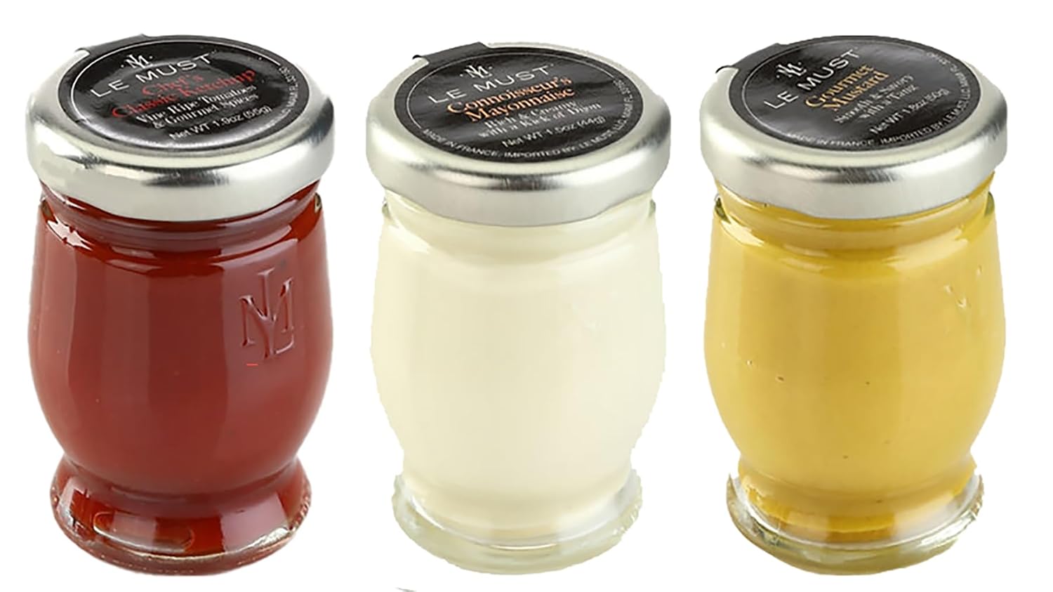 Le Must Premium Glass Condiment Assortment Mini Jars (Le Must Ketchup, Yellow Mustard, Mayonnaise) Pack of 3