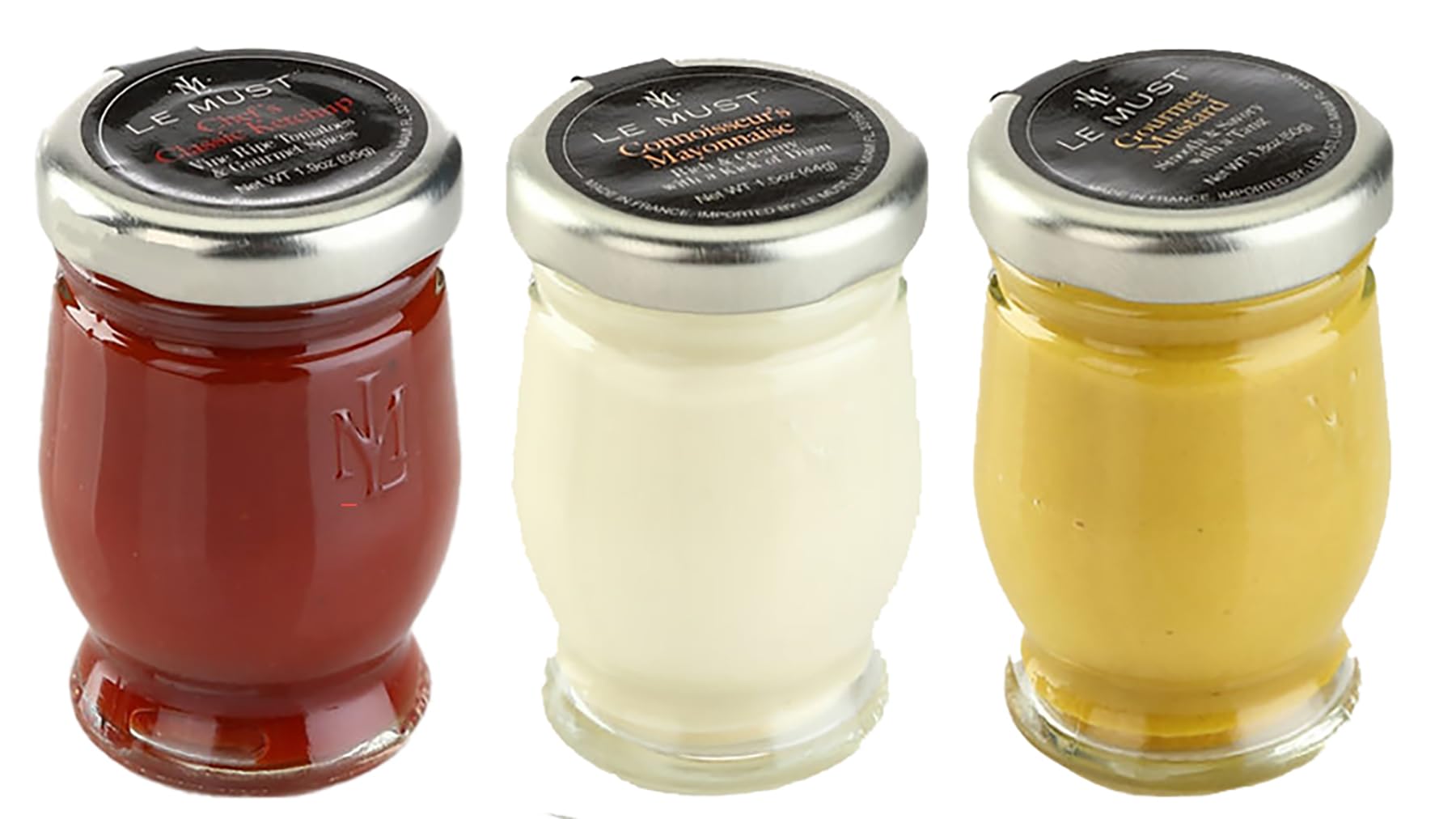 Le Must Premium Glass Condiment Assortment Mini Jars (Le Must Ketchup, Yellow Mustard, Mayonnaise) Pack of 3