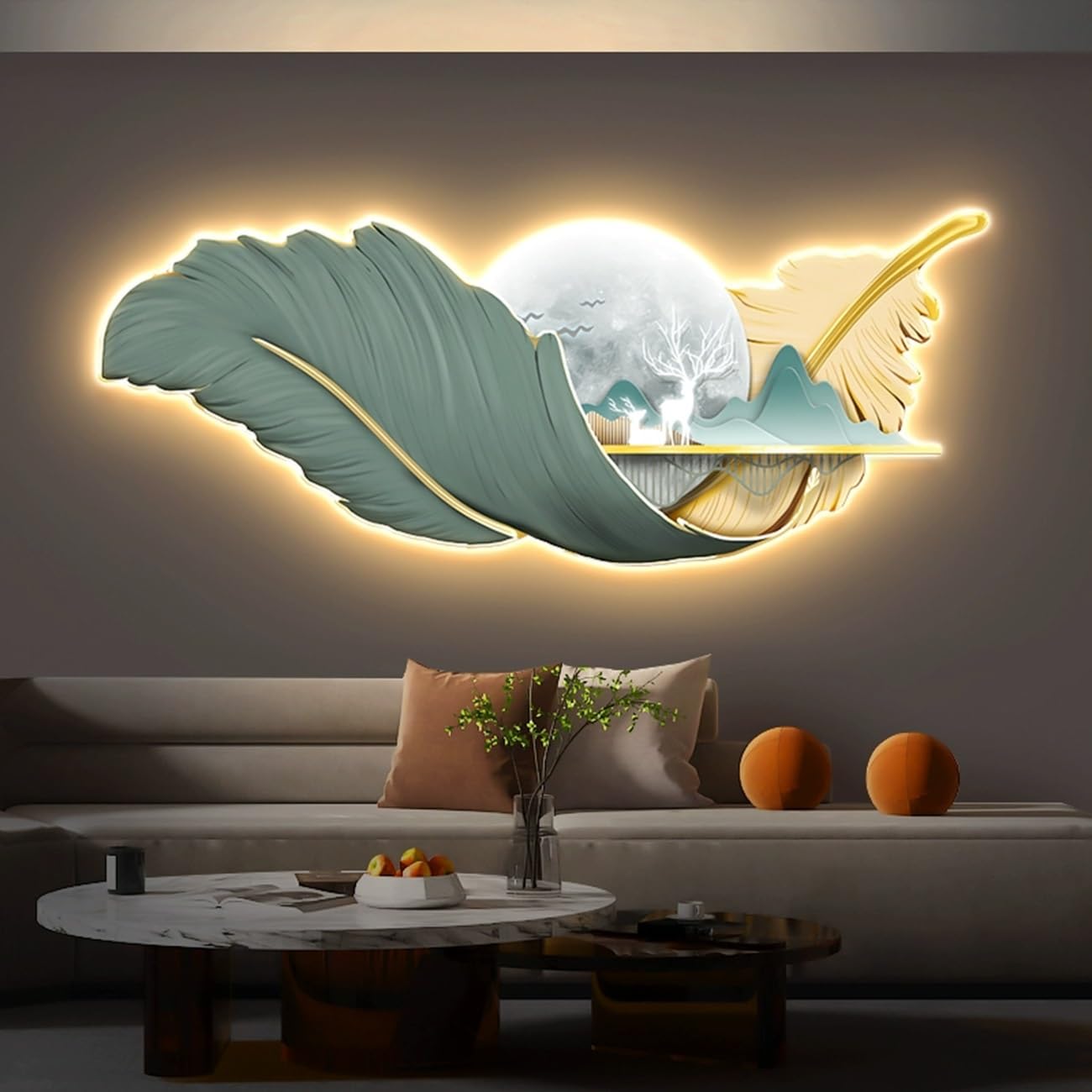 Décoration murale 3D plumes style bohème à éclairage LED intégré pour salon et maison