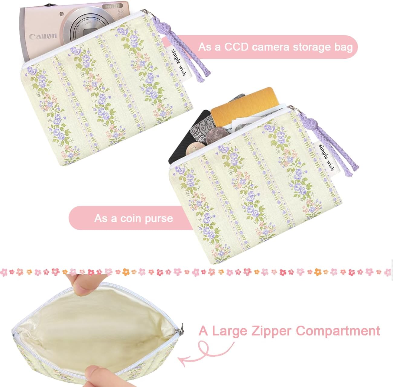 Cotton Floral Small Organizer Bag Coin Pouch with Cute Prints Zipper for Women Girls (PURPLE STRIPES) - Image 2