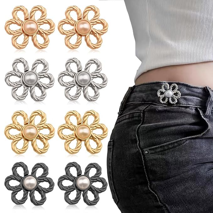 8 Sets Pant Waist Tightener – Adjustable Buttons & Pins for Loose Jeans, Pants & Skirts, No-Sew Waistband Extenders, Pants Clips for Women (Ring Button 8pcs)