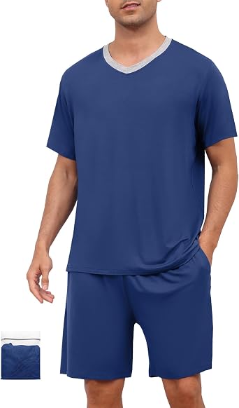 Mens Pajamas Set Modal Soft Pajama Short Set Short Sleeve Pjs Sleepwear 2 Piece Lounge Set With Pockets S-3XL