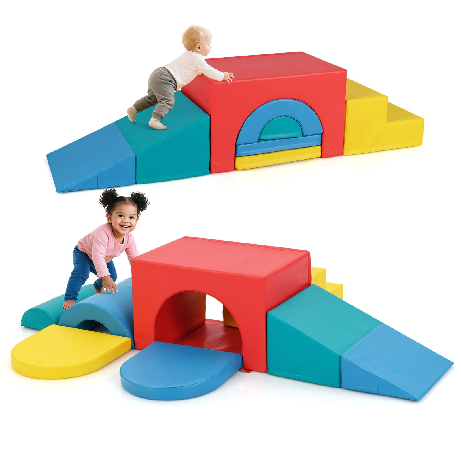 COSTWAY 7 PCS Module Motricité Bébé avec Toboggan & Escalier, Parcours Motricité Bébé en Mousse avec Housse en PU & Bandes Agrippantes, Jouets Éducatifs pour Enfants d'Âge Préscolaire (Rouge)