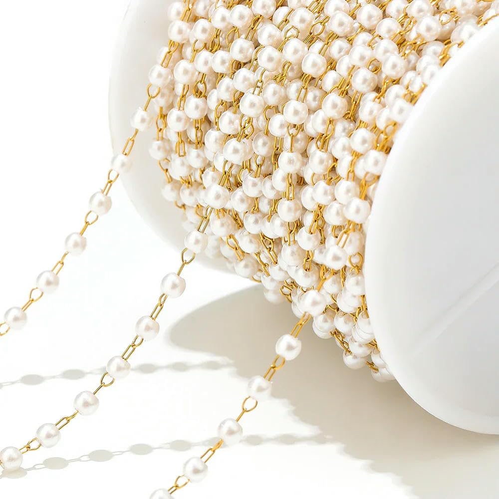 LINJILUO 2 Meters White Pearl Chains Stainless Steel Necklace Link Chains Bulk for DIY Jewelry Making Bracelets Findings Anklets