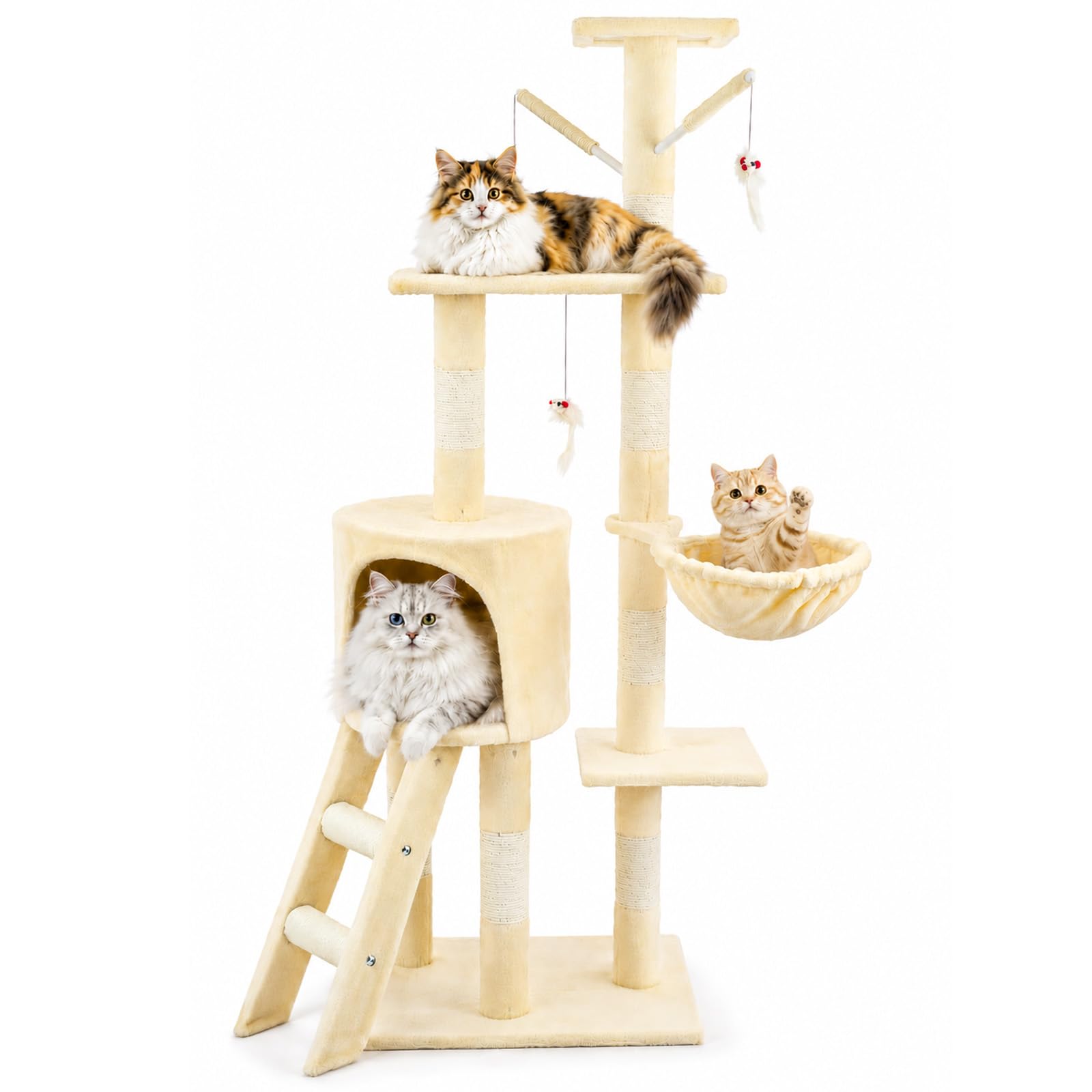GREENSAPPIRE Cat Tree Tower 135cm – Multi-Level Cat Scratching Post with Ladder, Hammock & House – Indoor Kitty Play Activity Furniture for Kittens and Small Cats (Beige)