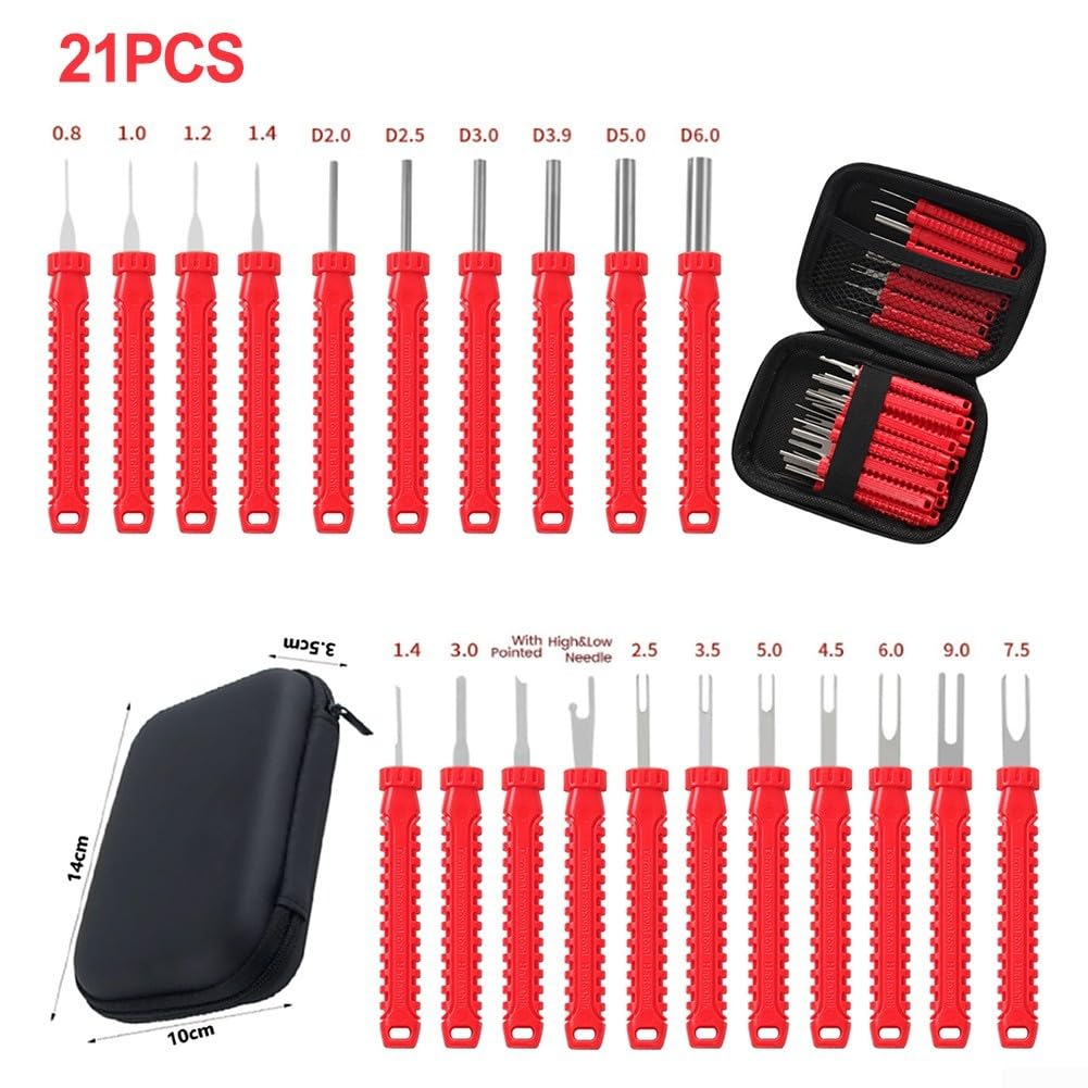 Kit di 21 estrattori di terminali per connettori elettrici e riparazione cavi con ganci angolati e acciaio inossidabile (rosso)