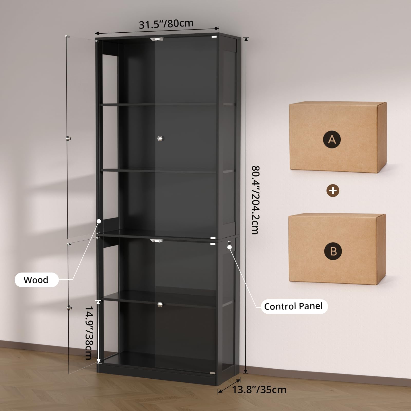 VOWNER 5-Lagen LED Vitrine mit Glastür, Vitrinenschrank mit 3-farbige Beleuchtung Bewegungssensor, Glasvitrine für Sammlerstücke, Bücherregal für Wohnzimmer, Schlafzimmer (Schwarz, 5 Einlegeböden)