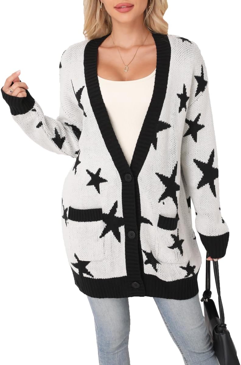 Women's Long Sleeve V Neck Bow Jacquard Knit Sweater 2025 Open Front Cardigan Button Loose Outerwear - Image 3