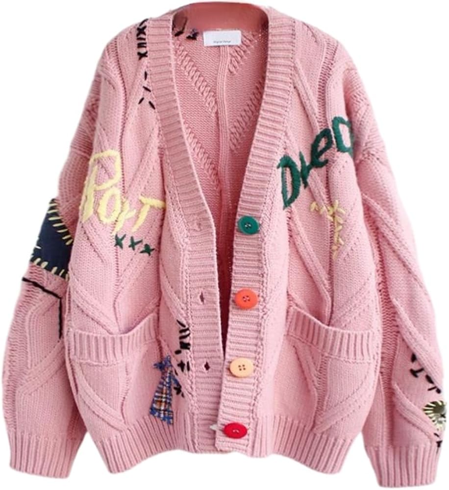 ISOLAY Women's Embroidered Letter Cardigan Sweater Button-Down