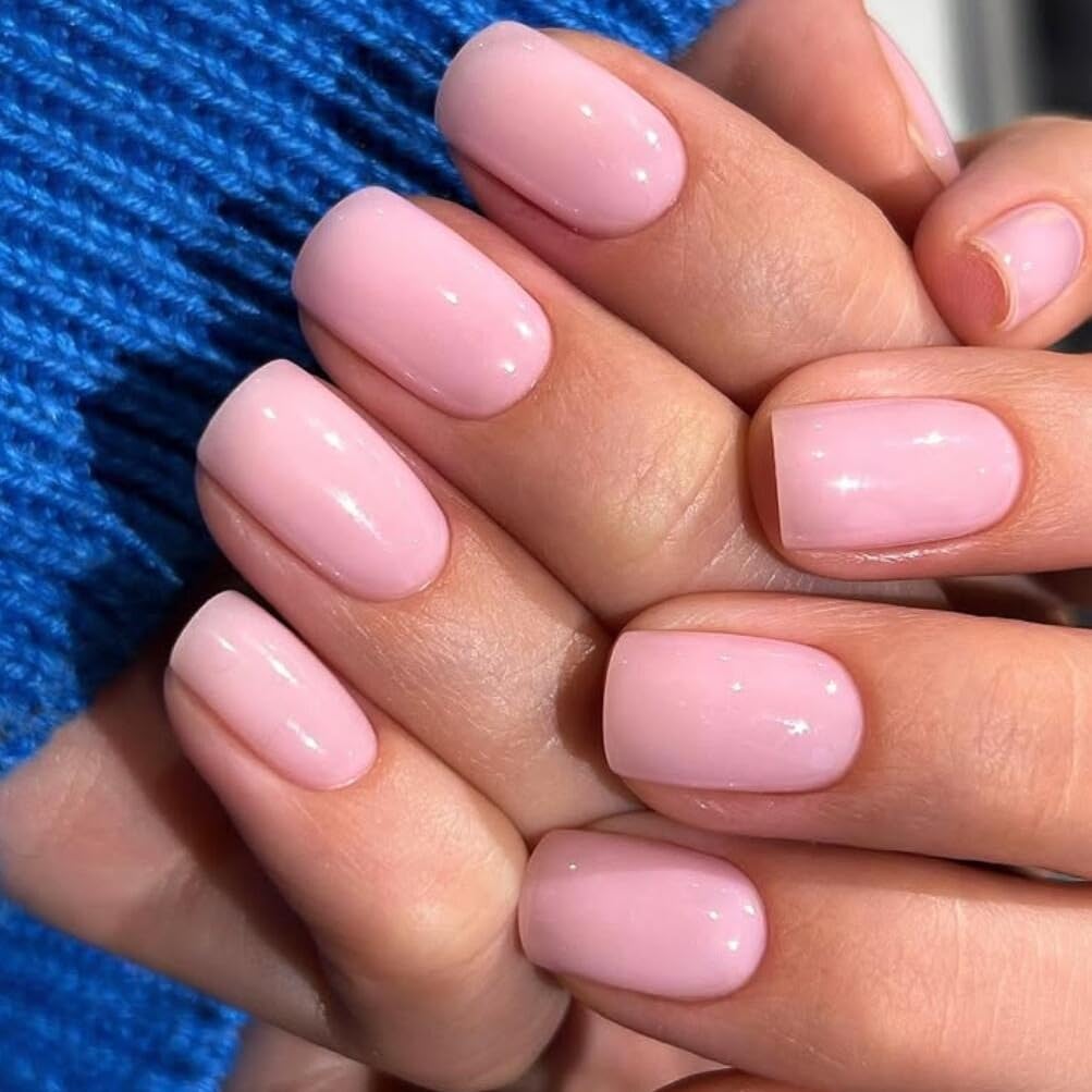 KQueenest Baby Pink Press on Nails Short Square, Short False Nails Coffin, Glossy Solid Light Pink Small Fake Nails Set - Image 4