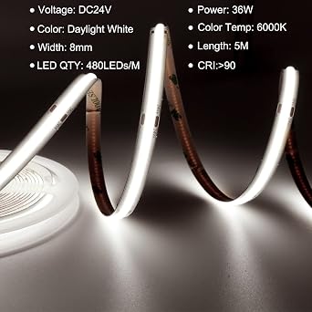 TTWAY COB LED Strip 5M, 8mm Width Cool White 6000K Led Tape Lights DC24V, CRI 90+,COB LED Lights for Bedroom Decoration (Power Supply Not Included). [Energy Class F]