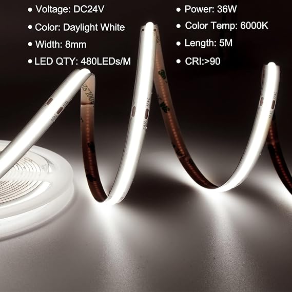TTWAY COB LED Strip 5M, 8mm Width Cool White 6000K Led Tape Lights DC24V, CRI 90+,COB LED Lights for Bedroom Decoration (Power Supply Not Included). [Energy Class F]