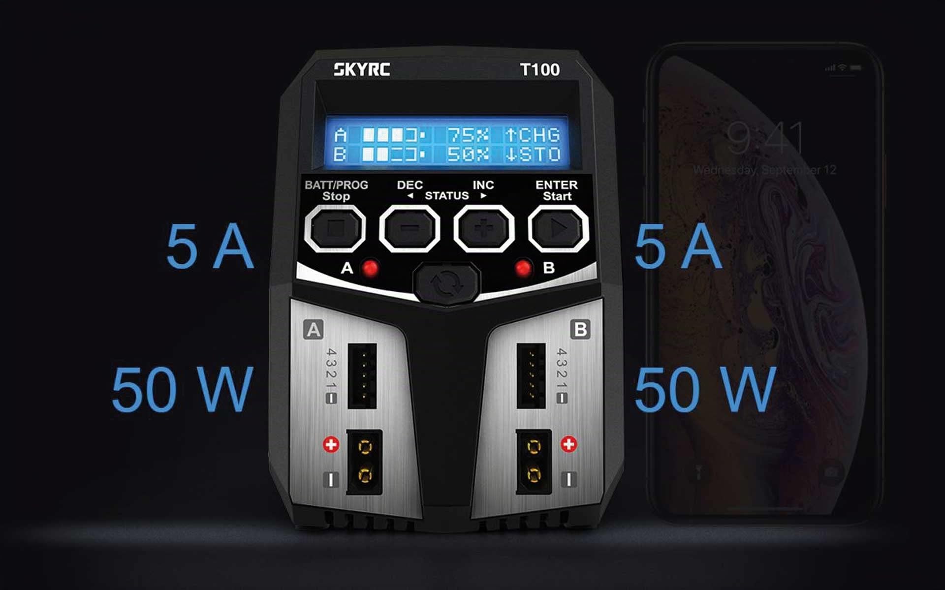 SKYRC T100 - Caricatore da modellismo 5,0 A, Lead LiFePO LiHV LiIon, LiPo, NiCd, NiMH Timer Stop