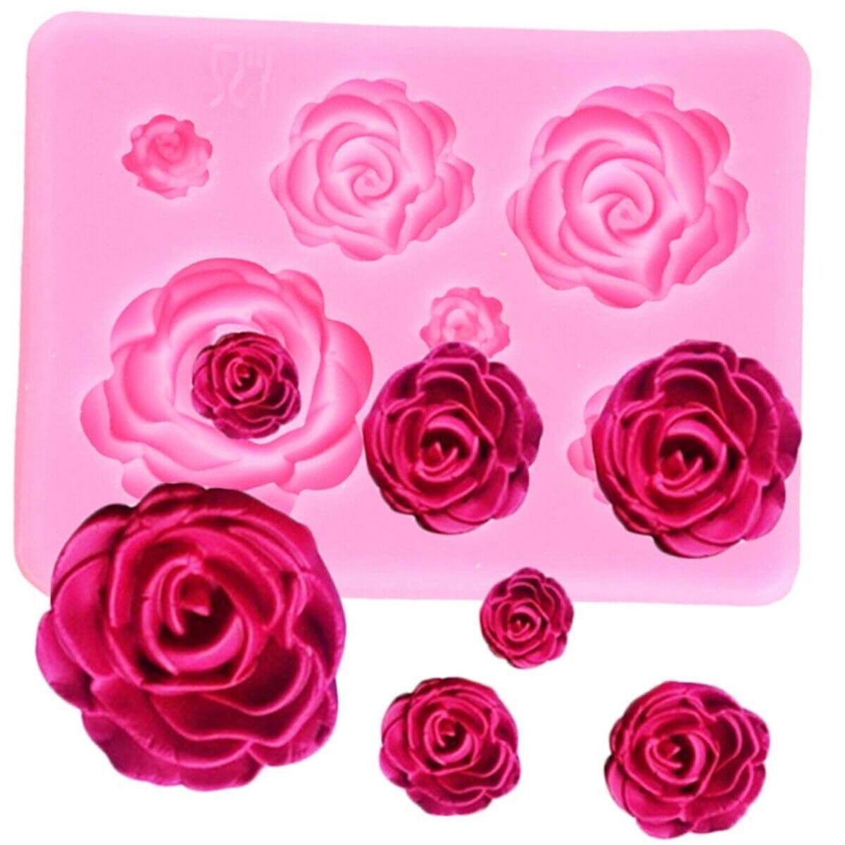 MATIN IMPEX 3D Rose Flower Silicone Clay Soap Mould | Fondant Sugarcraft Cake Decorating (8.3 x 6.1 cm) | Pack of 1 (CFM159) | Colour – Pink