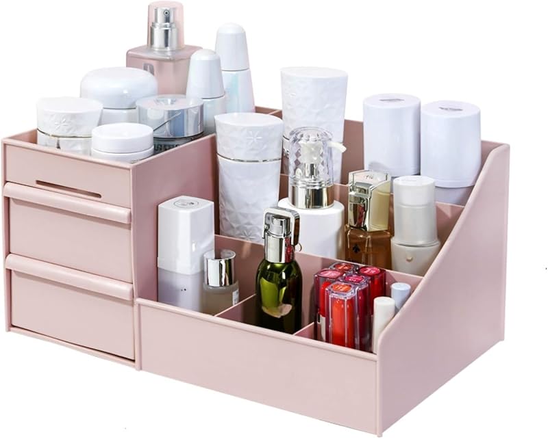 Organizador de Maquiagem Simbuy para Bancada com 7 Compartimentos e 2 Gavetas, Rosa