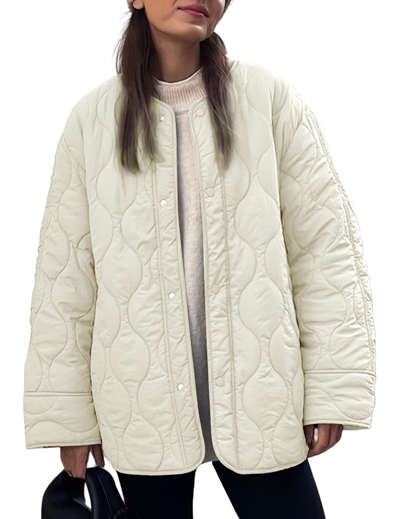 Women's Fall Winter Quilted Cotton Coat: Loose Fit Round Neck Casual Jacket, Solid Color Oversized Padded Outerwear for Trendy Daily Streetwear