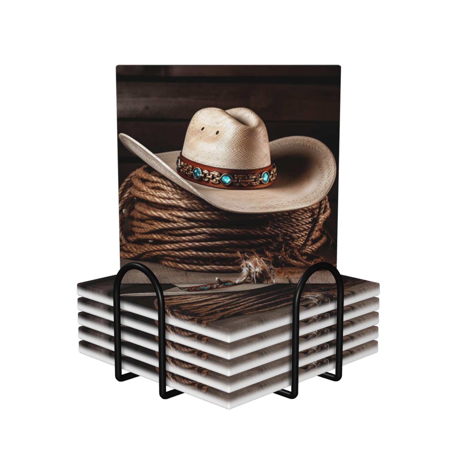 6Pcs Ceramics Coaster for Drinks, American West Rodeo Hat Cup Coasters with Holder, Aesthetic Drink Coasters for Coffee Table, Absorbent Round Coaster for Tabletop Protection 4" Cup Mat Pad