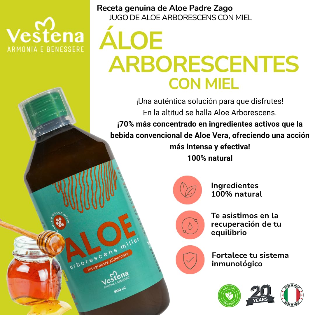 Vestena - Aloe Arborescens 100% Puro y Natural con Miel, Receta del Padre Zago. Jugo Detox Natural para Hígado e Intestino, Drenaje Potente - 500 ml - Made in Italy