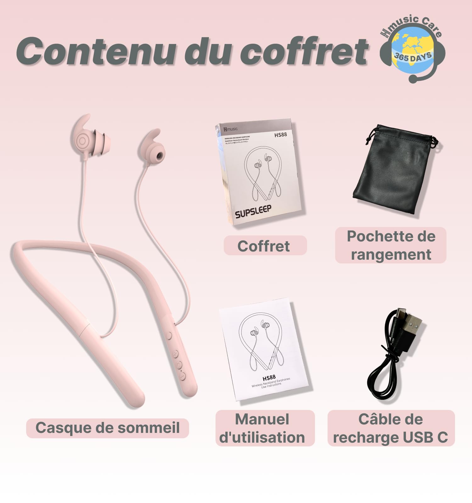 Hmusic Écouteurs de Sommeil Bluetooth sans Fil, Plats ecouteurs, Anti-Bruit, Doux et Confortable, pour Dormir sur Le côté, Yoga, entraînement, Voyage, détente