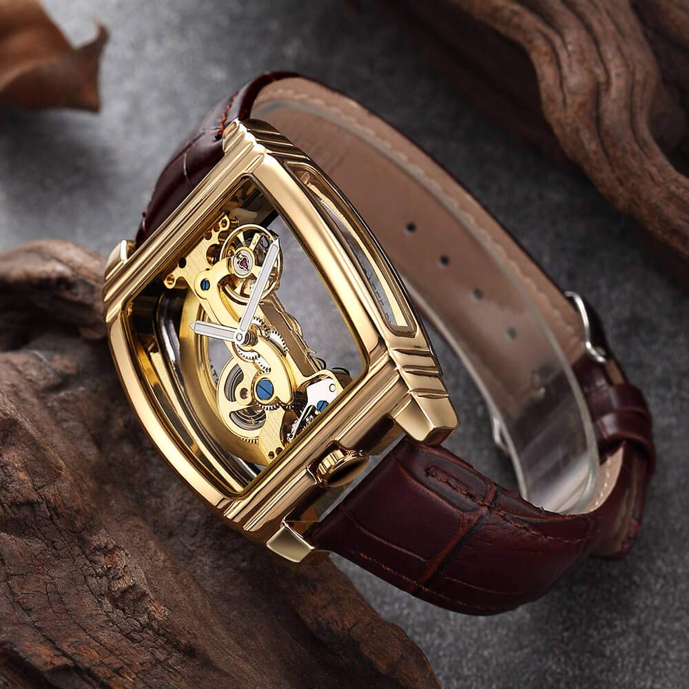 Reloj mecánico automático transparente para hombre, diseño de esqueleto steampunk, correa de cuero, reloj masculino montre Homme, Marrón dorado, Correa