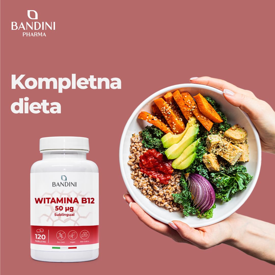 Bandini® Witamina B12 120 tabletek podjęzykowych - Cyjanokobalamina 50µg - 100% wegańskie - Wysoka dawka - Vitamin B12 dla układu odpornościowego, metabolizmu energetycznego, zmęczenia fizycznego