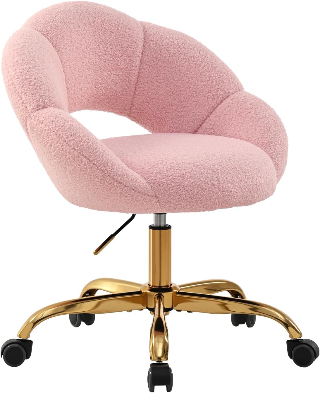 Home Office Desk Vanity Chair: Adjustable Swivel Petal Comfy Upholstered Makeup Chair with Back Wheels for Girls Women Cute Aesthetic Modern Rolling Make Up Accent Chair Metal Gold & Pink