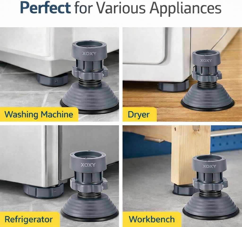 XOXY Upgraded Anti-Vibration Pads – Extra-Large Adjustable Feet for Washer, Dryer & Refrigerator – Shock Absorbing, Noise Cancelling & Pads for Maximum Stability Washing Machine Stand (Pack of 4)