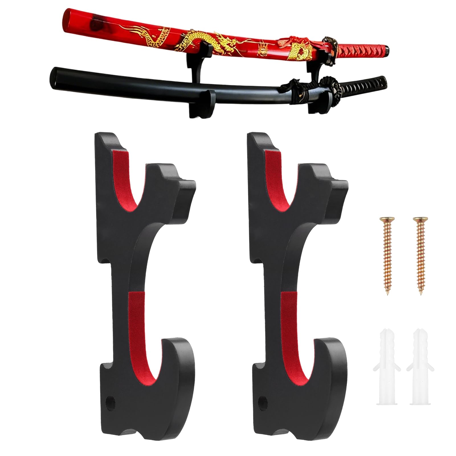 2 soporte katana pared de madera con ganchos acolchados ajustables, Soporte espada pared universal para katana real acero afilada wakizashi, tanto y sable cosplay, soporte de pared para espada samurái - 2
