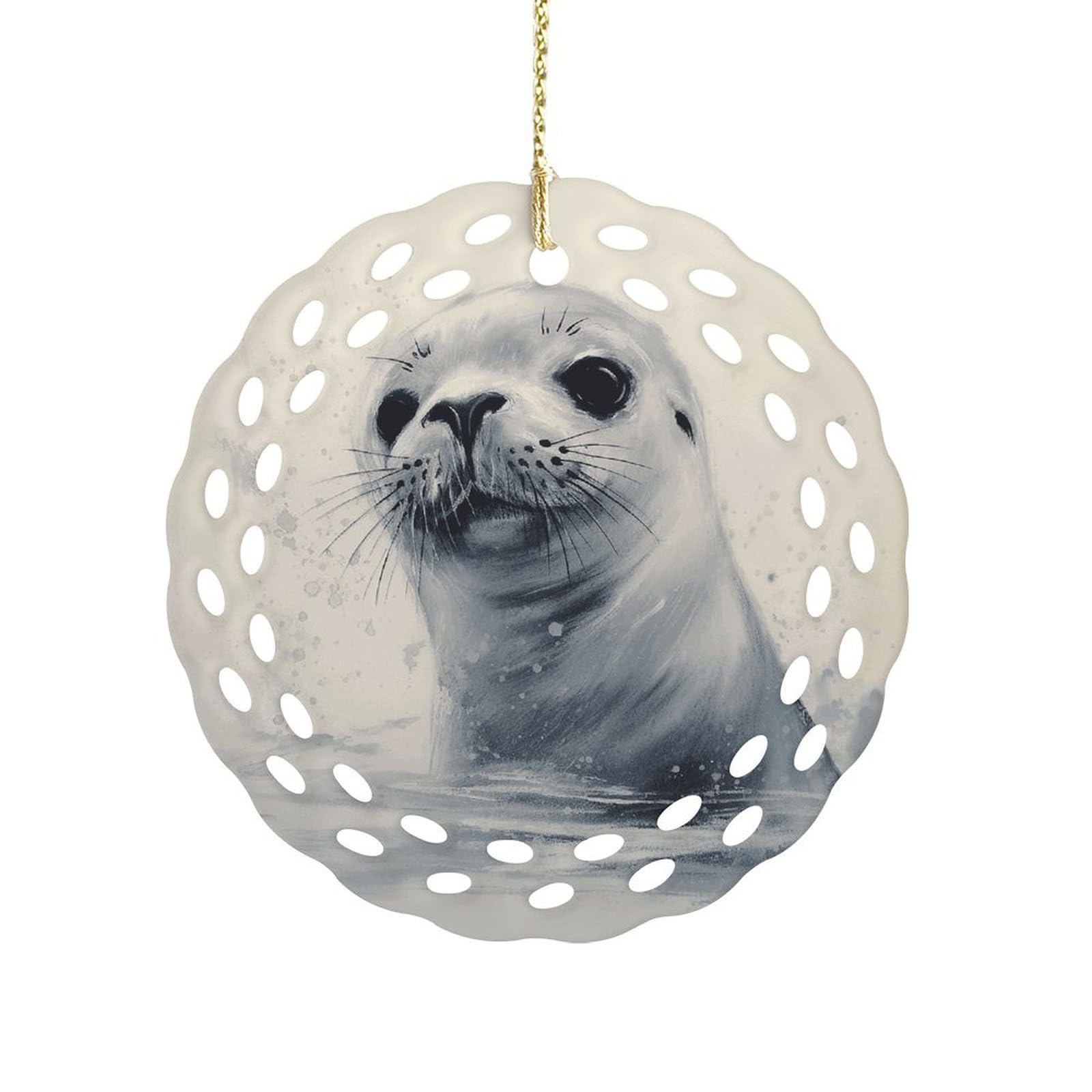 Btcowzrv Style Harp Seal Painting Ceramic Ornament,Round Ornaments With Hole Easy To Hang,Hanging Ornament For Wedding Party Home Window Garden Christmas Day Decor