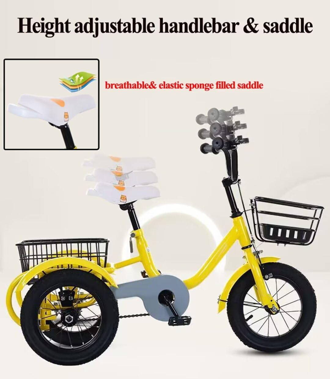 12inch Toddler Tricycle for 3-6 Years Old,Cargo Tricycle with Rear Steel Basket,3 Wheels Pedal Cruiser Trike,Sensitive Front Wheel Brake,Saddle/Handlebar Height Adjustable,Widen Wheel (Yellow 12inch)