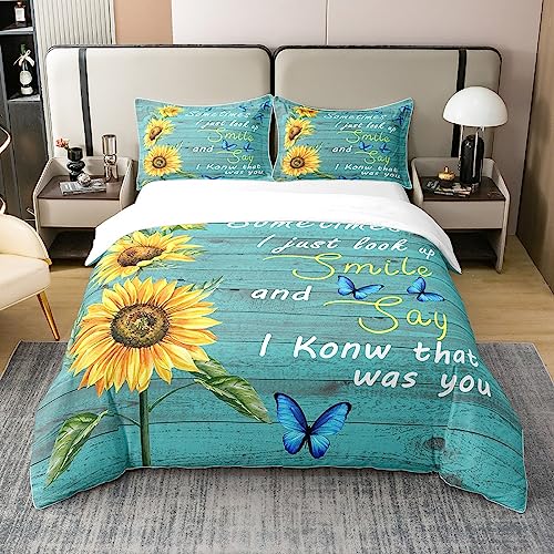 Sunflower Cotton Duvet Cover Set Butterfly Sunflower Bedding Set for Kids Boys Girls Yellow Flower Comforter Cover Green Wooden Texture Duvet Set Double Size
