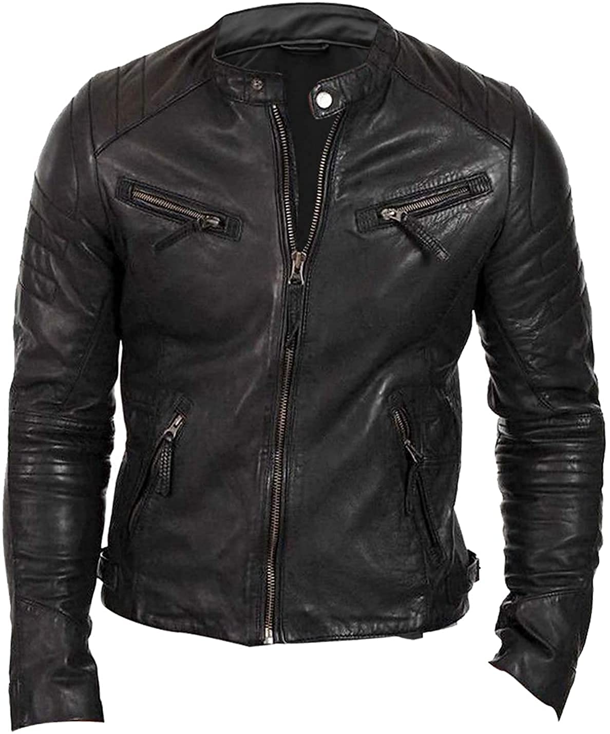 Veste en cuir vieilli pour homme - Coupe ajustée - Veste de moto en cuir - Veste Cafe Racer pour homme - Veste de motard en cuir pour homme