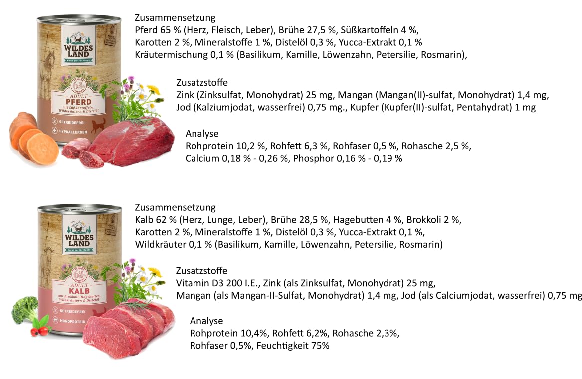 Wildes Land Classic Hundefutter 20 x 400g Mix | garantierter 6 Sorten Mix | Getreide- und Glutenfreies Nassfutter für Hunde | mit Extra viel Fleisch und wertvollen Kräutern