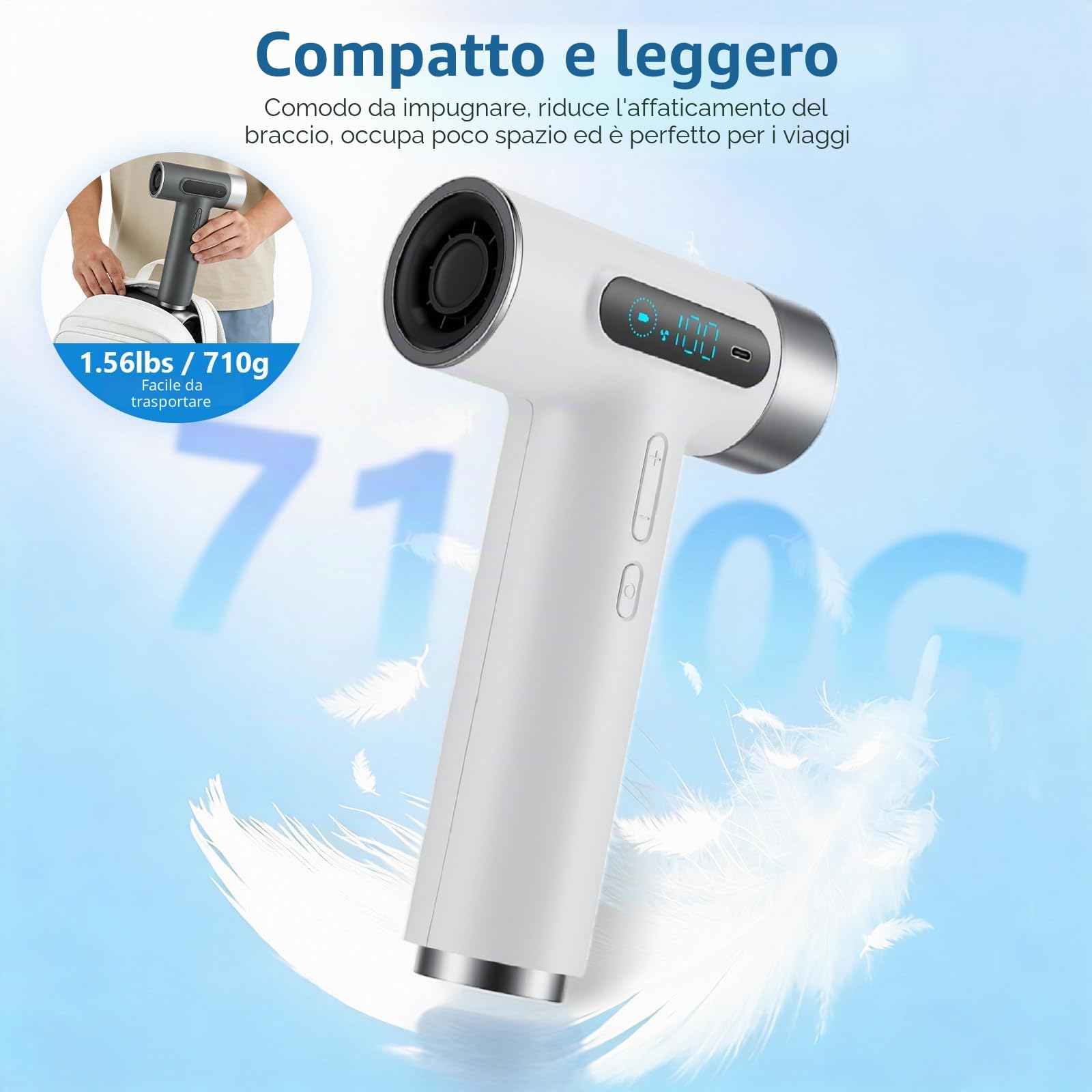 Asciugacapelli da viaggio professionale con batteria da 27000 mAh - Asciugacapelli senza fili con 100 temperature e velocità Asciugacapelli portatile display digitale campeggio, viaggi, hotel, Bianco