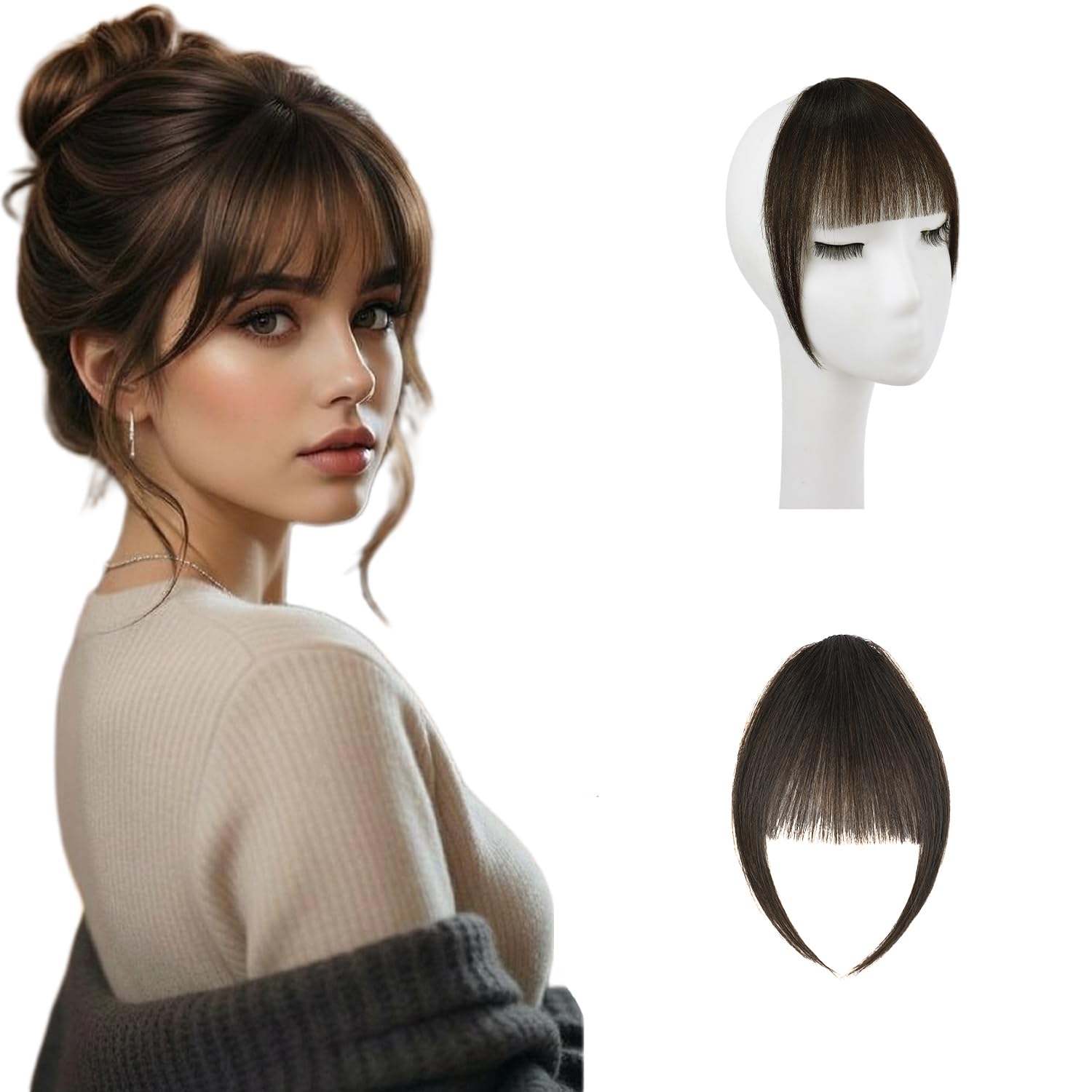 Photo 1 of KISANOF Clip on Bangs - Real Human Hair, Dark Brown, Wispy