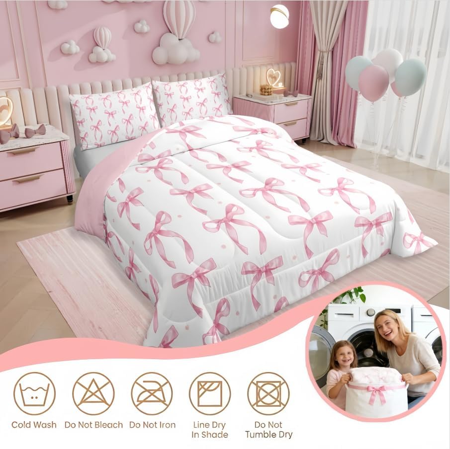 Erosebridal Cute Pink Bow Twin Bedding Set for Girls,Ribbon Bow Knot Comforter Set for Kids Kawaii Room Decor,Princess Bowknot Bed Set Girly Pink Bows Bedding Comforter Sets,1 Pillowcase - Image 6