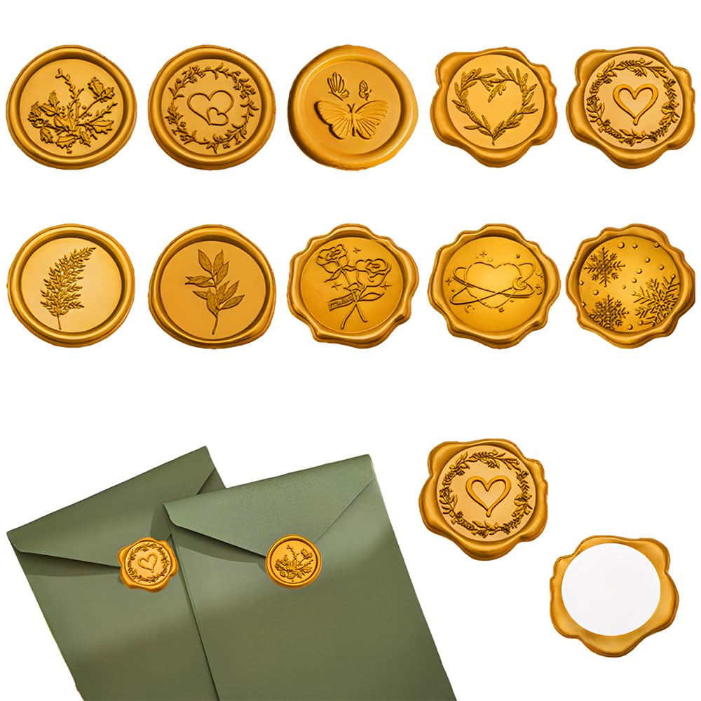 MSLSOZ 40 Gold Wax Seal Stickers with 10 Beautiful Patterns - Versatile Envelope Seal Stickers for Parties. Self-Adhesive, Perfect for Vintage Wedding Invitations, Birthdays, Christmas Parties.