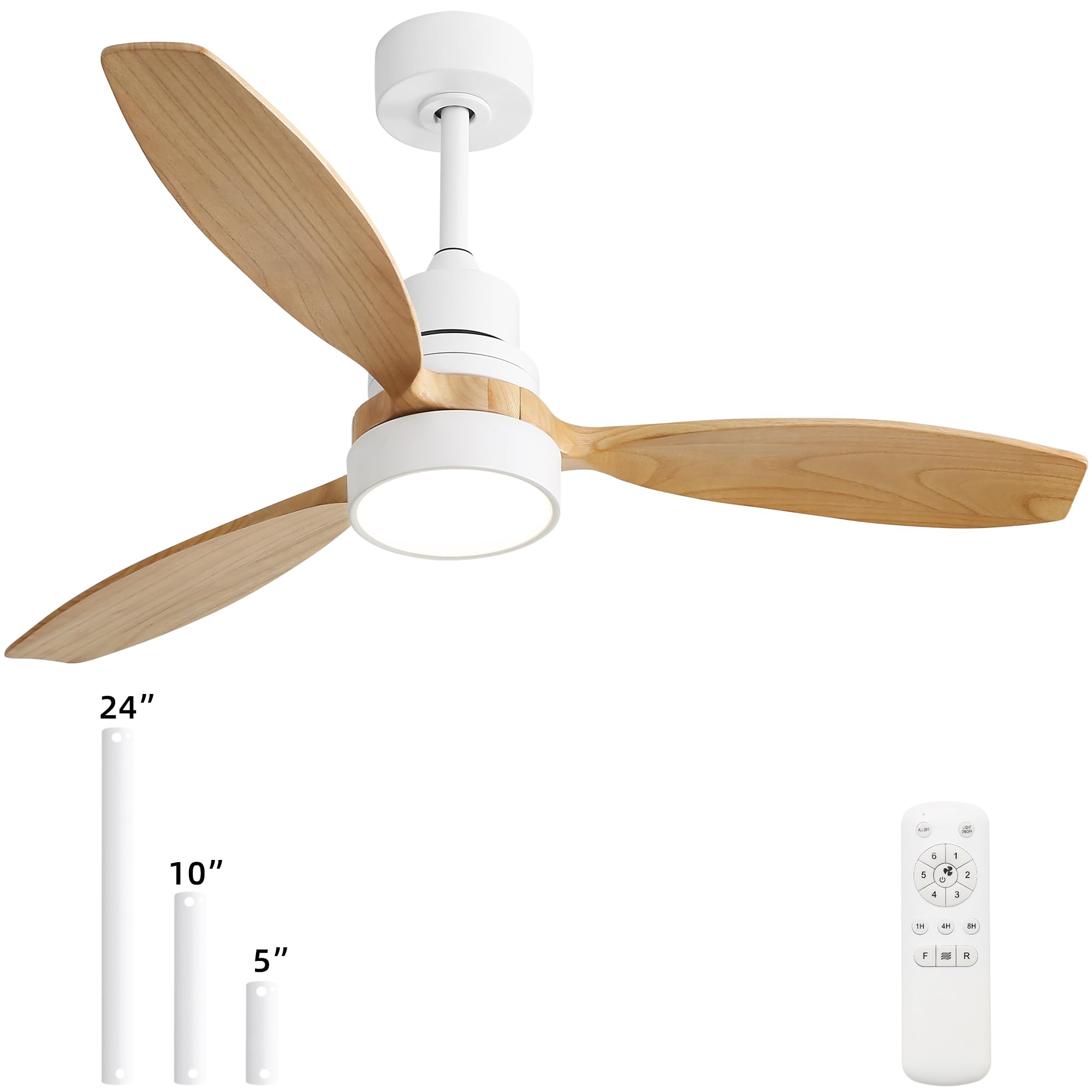 Sofucor52 inch Solid Wood Ceiling Fan with Lights and Remote, Low Profile Yellow White Ceiling Fan with 3 Downrod, Outdoor Indoor Modern 3 Blade Ceiling Fan for Living Room Bedroom Farmhouse Patio