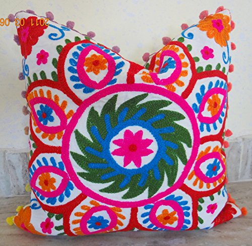 HANDICRAFTODPINKCITY Mandala Vintage Suzani Cushion Cover Embroidered 16x16'' Indian Pillow Case Cotton Cover Throw 40x40 Cm by HANDICRAFTOFPINKCITY Cover