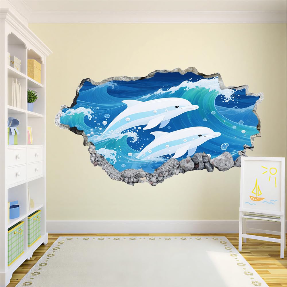 3D Wandtattoo Wanddurchbruch, Delphin Durchbruch Wandaufkleber für Kinderzimmer, sticker für Wohnzimmer, Blaue Wellen Wandsticker, Wandbild Junge Mädchen Schlafzimmer