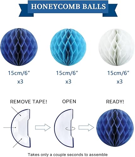 Miniatura 4 de Decoraciones de cumpleaños, sin bricolaje, paquete de 20 unidades, pancarta de feliz cumpleaños azul marino, bolas de panal, remolinos, guirnalda,