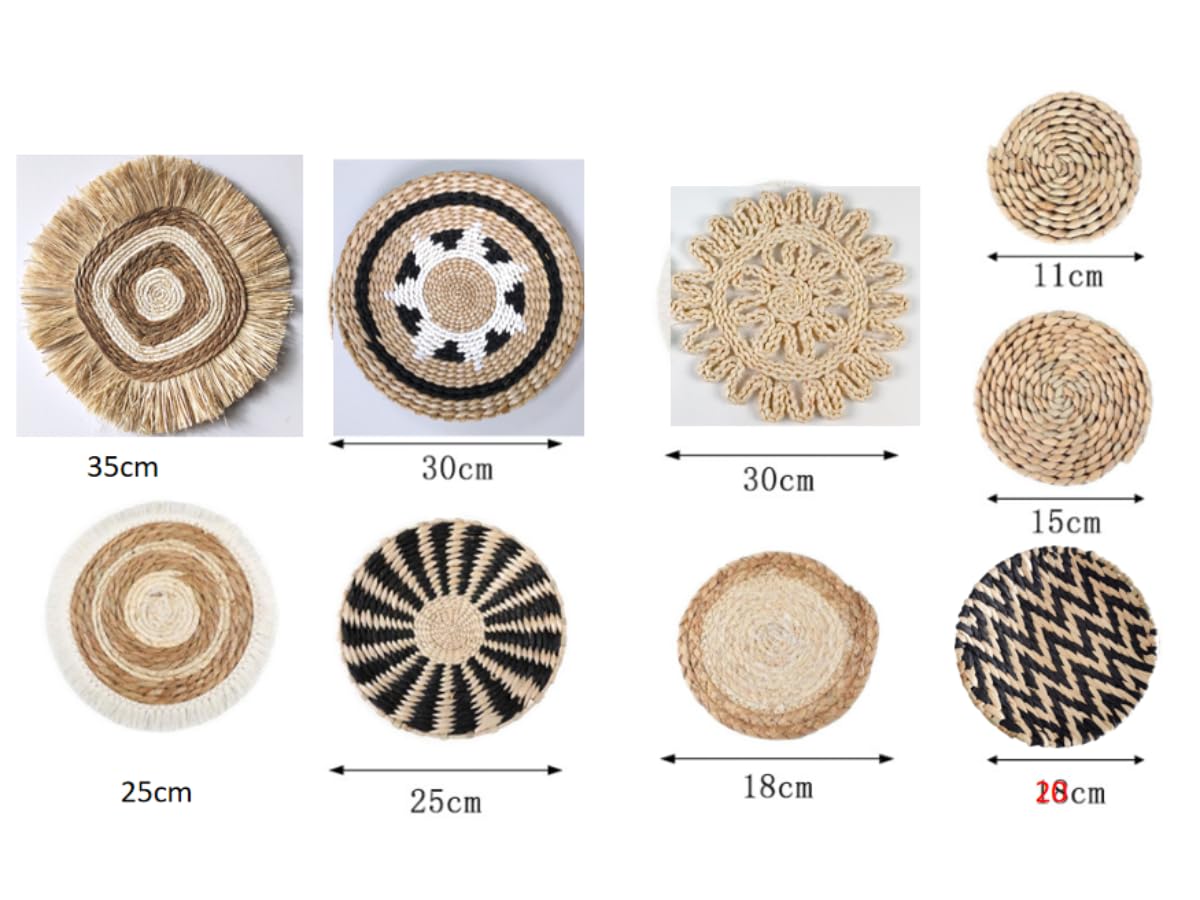 homdat 9 sztuk w stylu boho, tkana dekoracja kosza ściennego, trawa morska, rattan, dekoracja ścienna w stylu boho, przyjazna dla środowiska, okrągła sztuka ścienna do domu wiejskiego, sypialni
