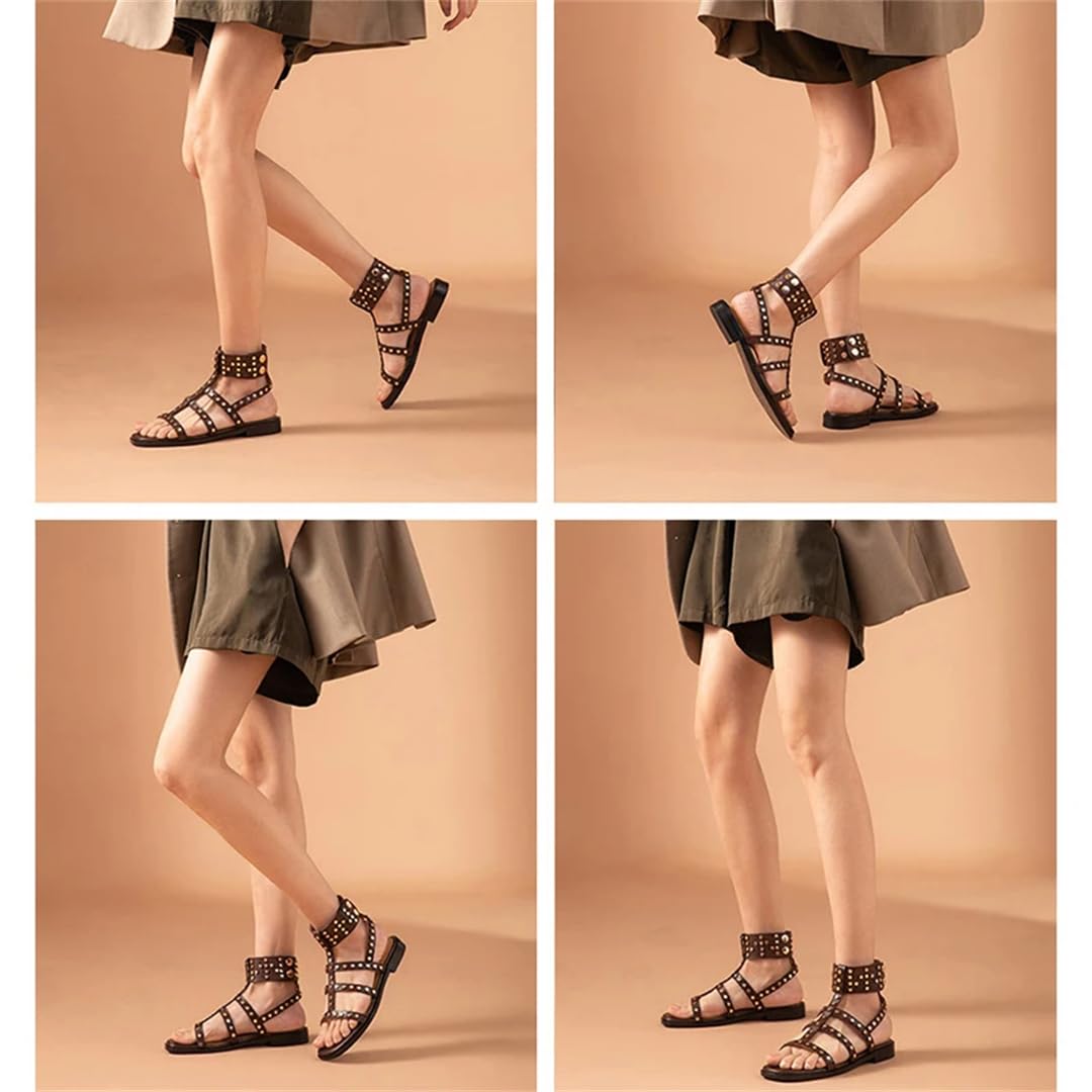 Sandalias de gladiador con correa de hebilla y correa al tobillo para mujer, tacón cuadrado, lado abierto, estilo gladiador, piel de vaca, detalle de remaches, estilo romano casual