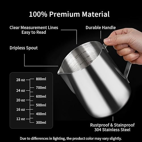 Miniatura 13 de watchget Jarra de espuma de leche de 11.8 fl oz/20.3 fl oz/30.4 fl oz/50.7 fl oz (12 oz/20 oz/32 oz/52 onzas) - Jarra de vapor de café