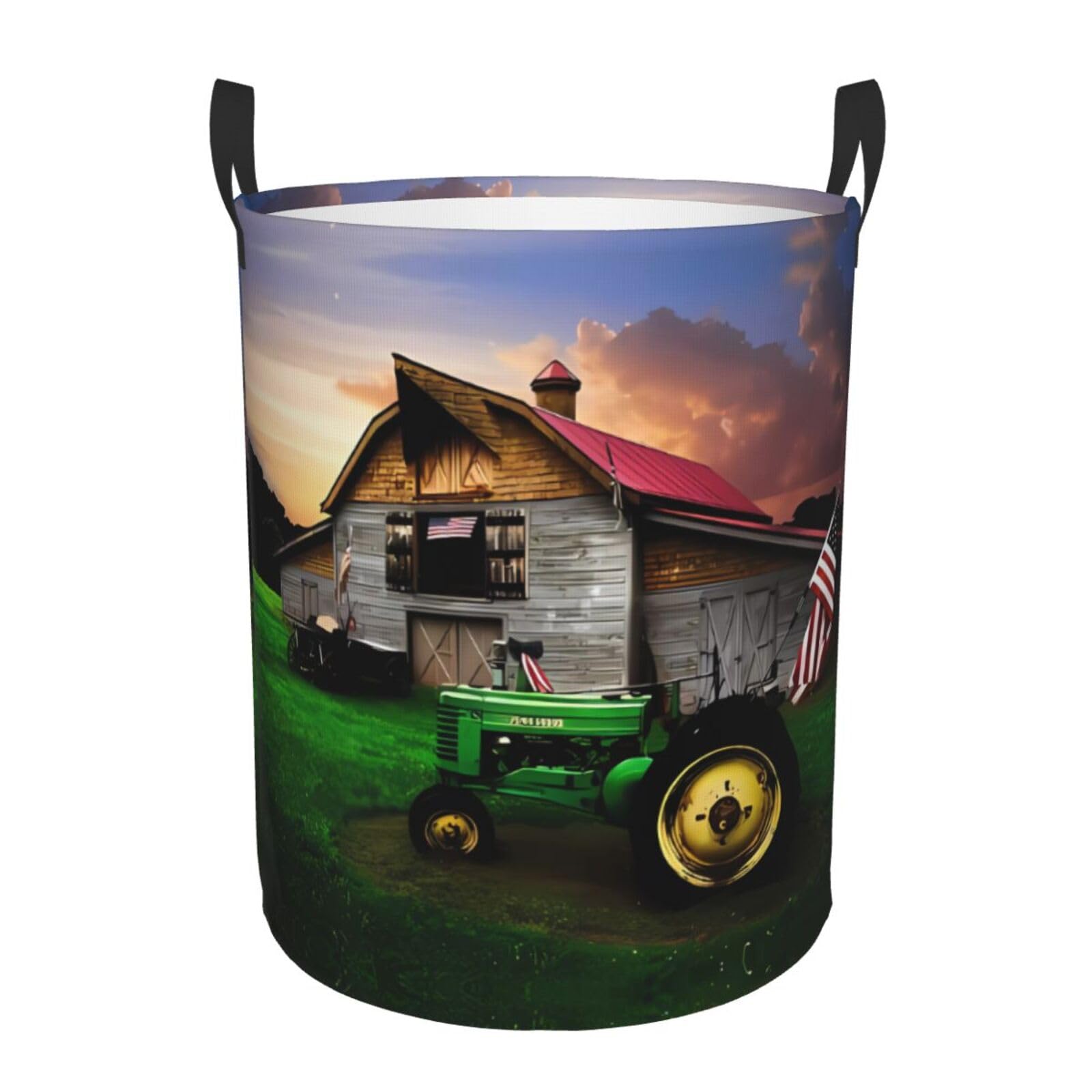 S Collapsible Old Tractor Photo Farm Print Circular Hamper Round