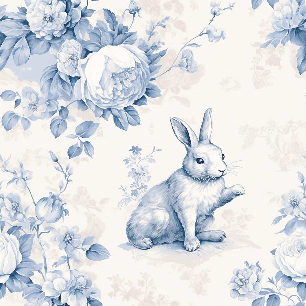 18"x236" Blue White Vintage Boho Flower Rabbits Peel and Stick Self Adhesive Wallpaper Removable Contact Paper Stick on Easy Peel Off Wall Paper for Kitchen Bedroom Bathroom Renter
