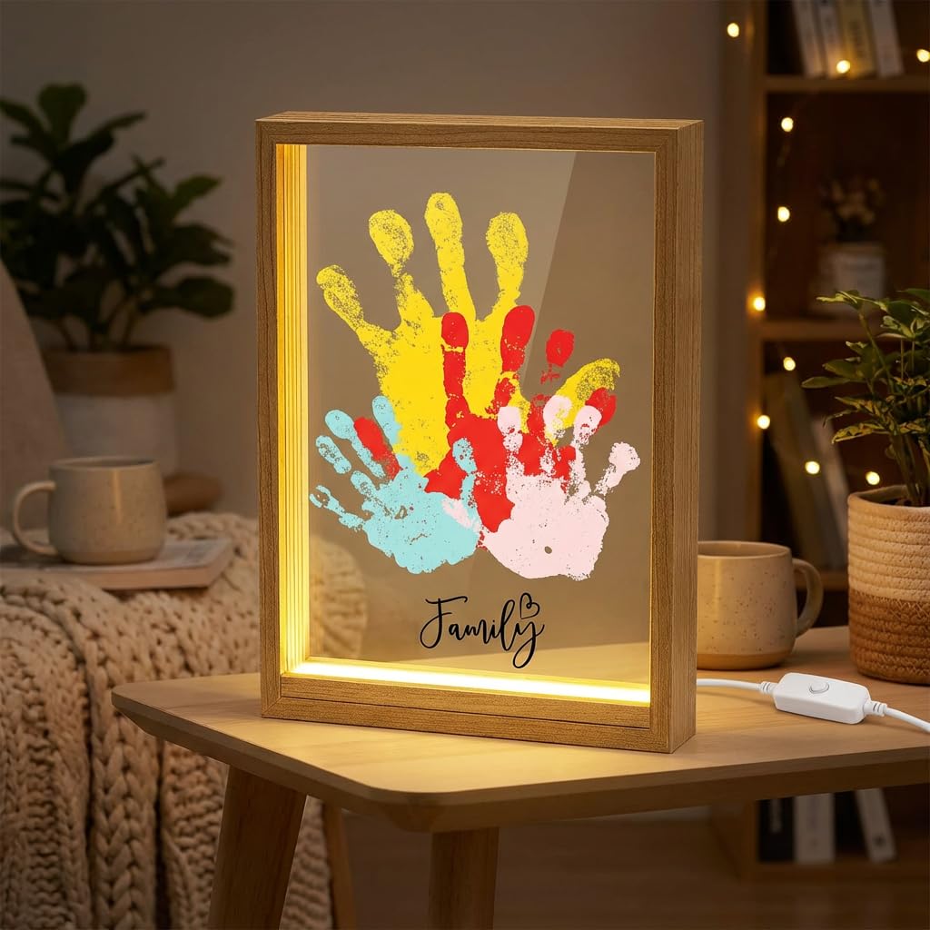Cadre LED en Bois Kit Empreinte Famille Bébé Souvenir Personnalisé Décoration Murale Cadeau Naissance