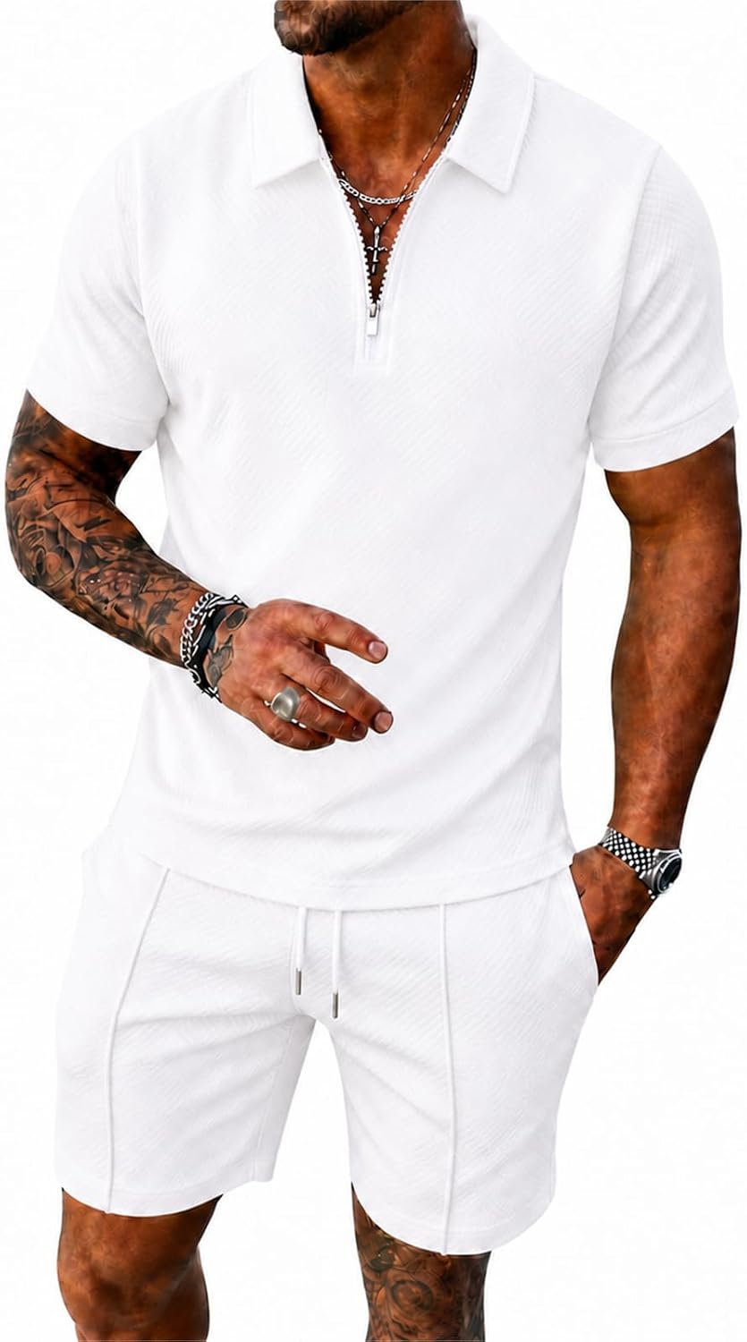 Mens Summer Outfits 2 Piece Short Set, Quarter Zip Polo Shirt and Shorts Set for Men, Casual Beach Vacation Outfit